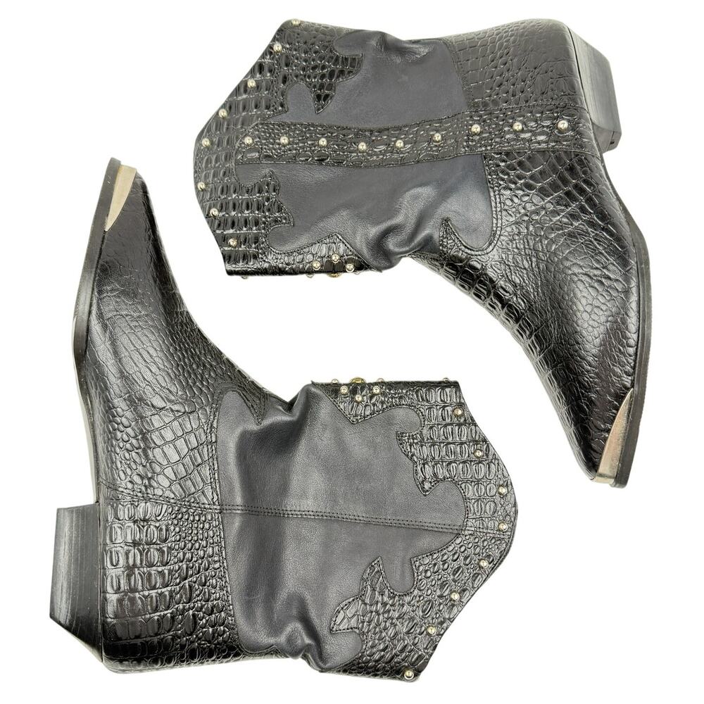 Vintage Black Croc Embossed Western Boots Studded Cowboy Womens 7